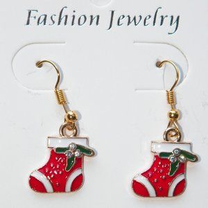 Gold Christmas Stocking 1/2" Dangling Earrings Rhinestone Holly